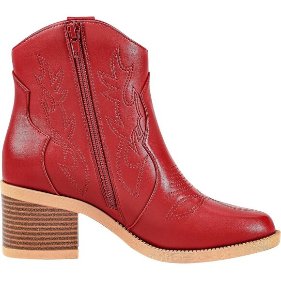 Women's Polyurethane Red Embroidered Round Toe Short Ankle Chunky Heel Boots - Picture 6 of 7